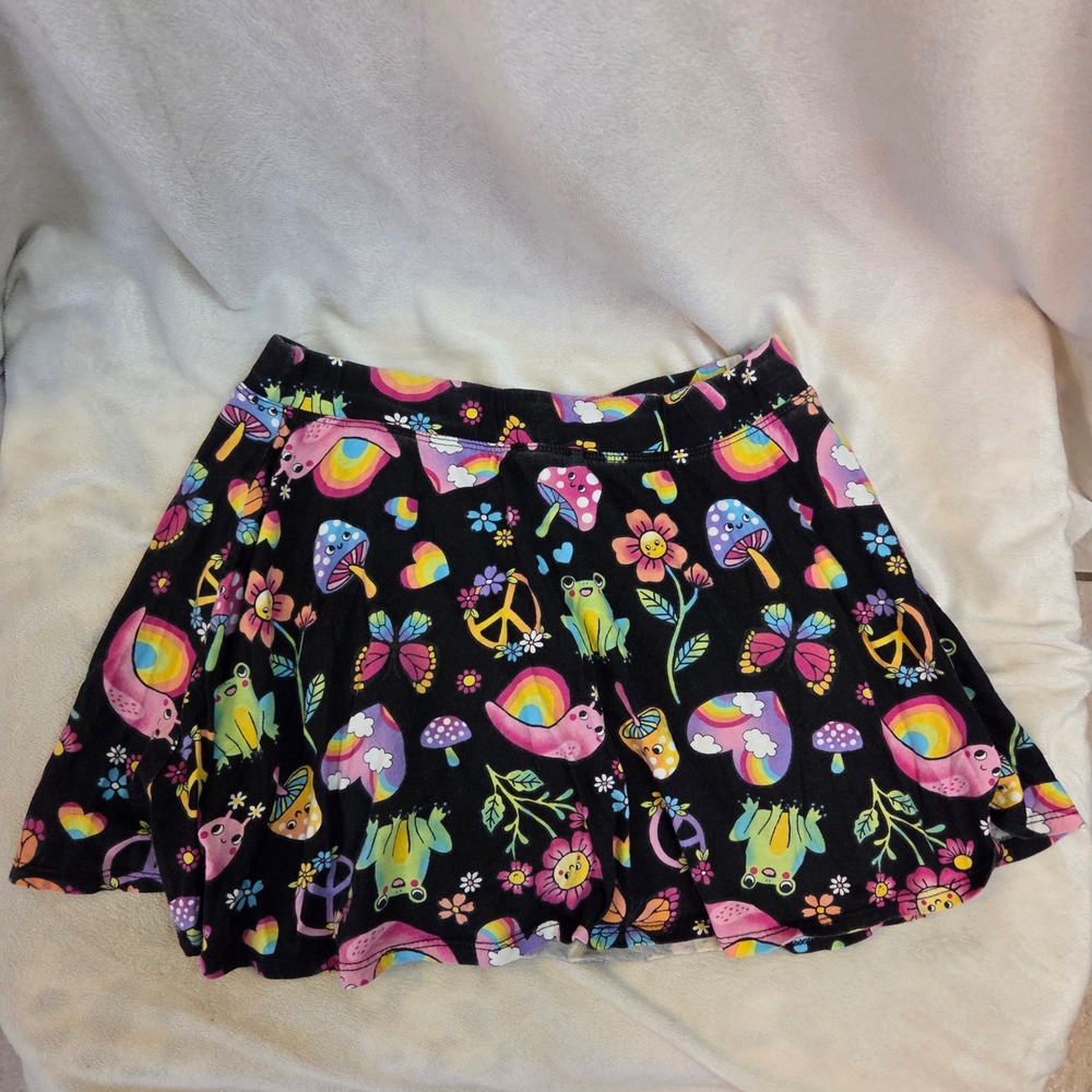 The Childrens Place Girls Skater Skirt Black Frog Mushroom Rainbow Print XXL 16